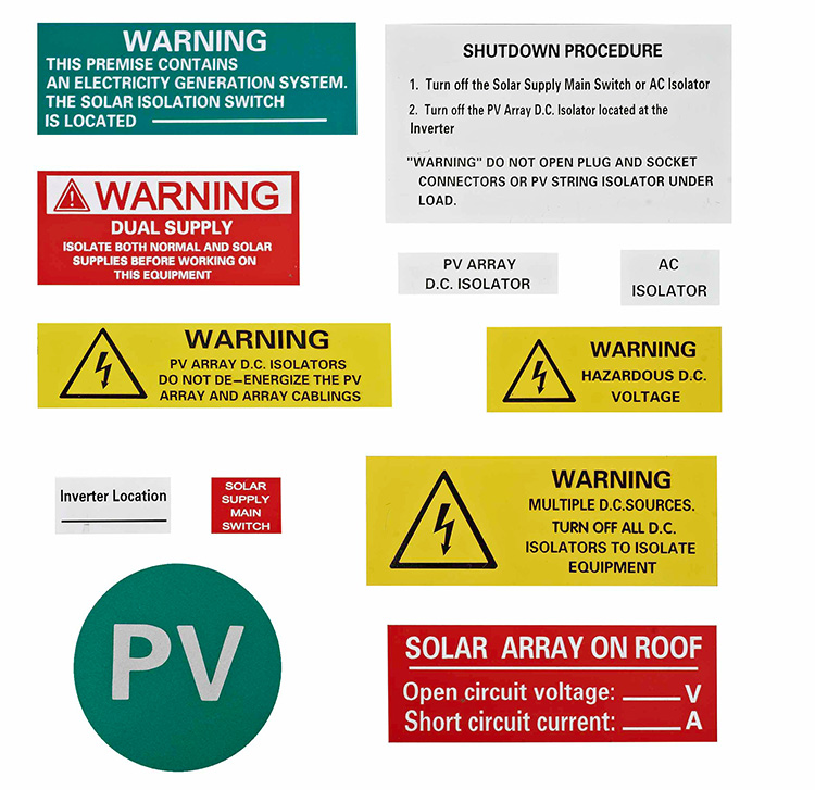 Etiquetas de advertencia para el sistema fotovoltaico